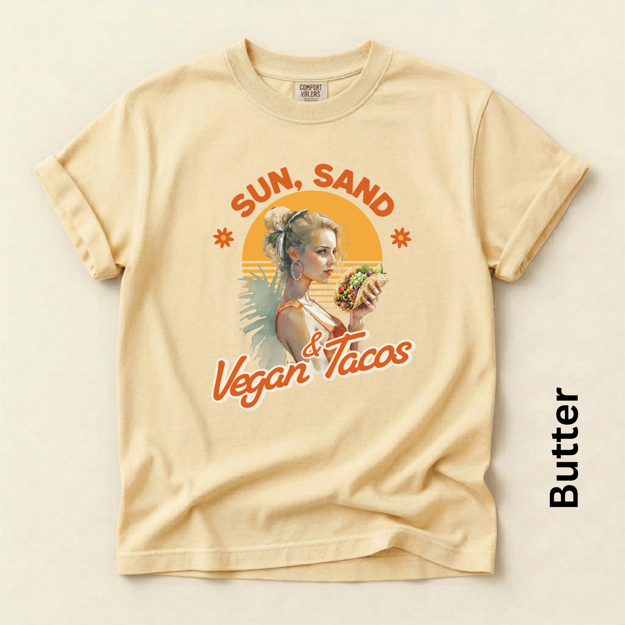 Sun Sand and Vegan Tacos Funny Vintage Style T-shirt