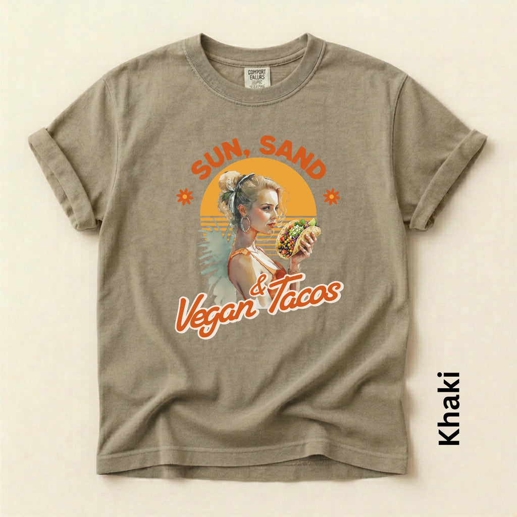 Sun Sand and Vegan Tacos Funny Vintage Style T-shirt