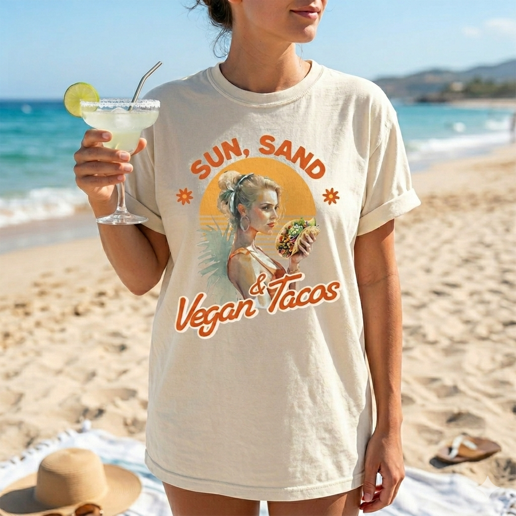 Sun Sand and Vegan Tacos Funny Vintage Style T-shirt