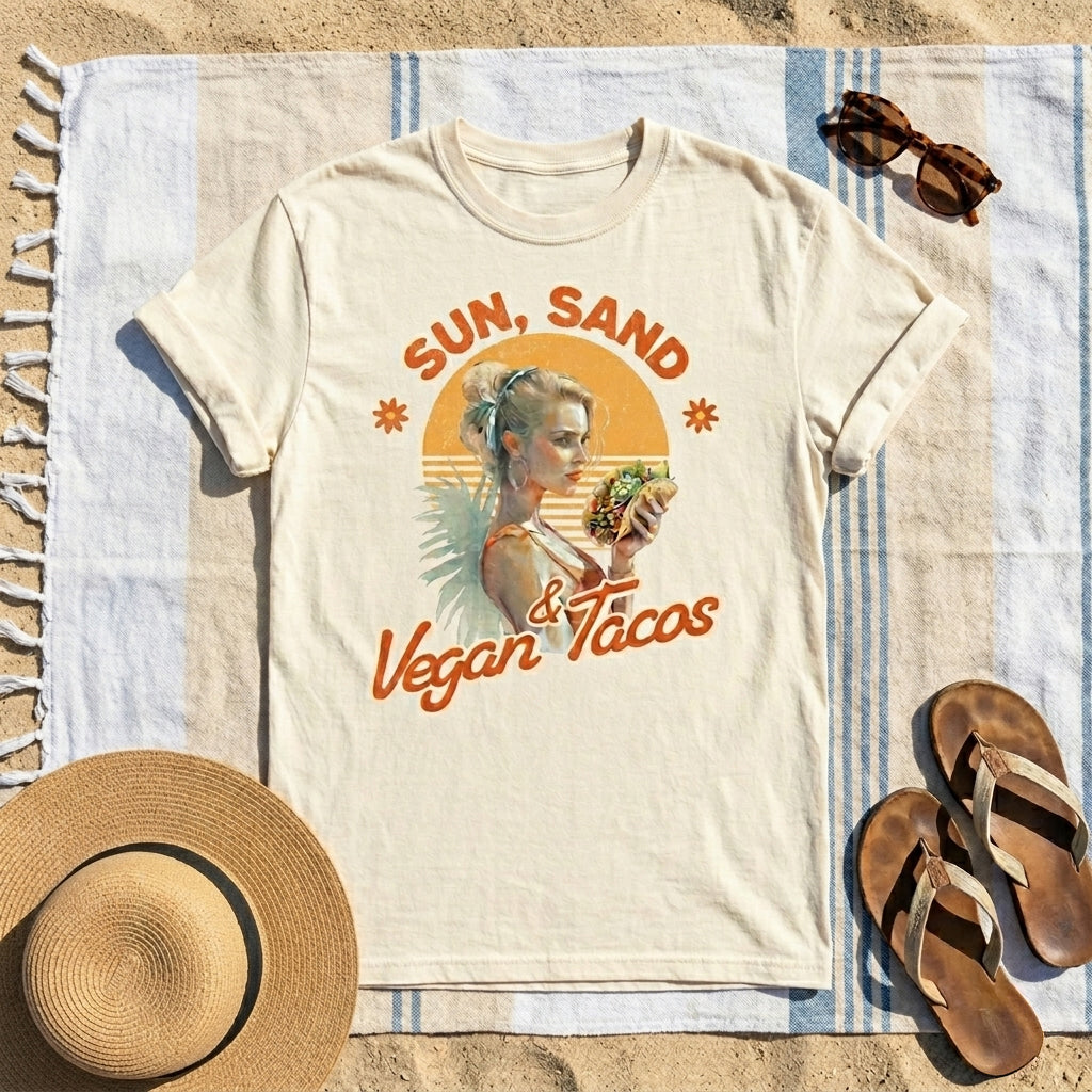Sun Sand and Vegan Tacos Funny Vintage Style T-shirt