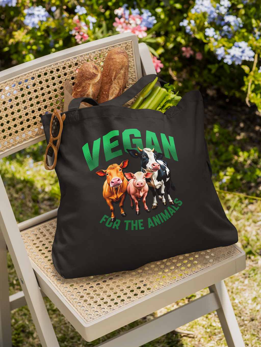 Vegan for the Animals Large organic tote bag Eco-Conscious Herbivore Reusable Bag Plant Based Lifestyle